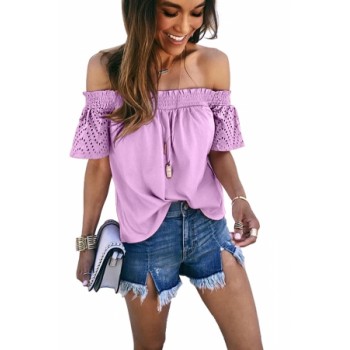 Yellow Solid Shirring Off Shoulder Hollow out Top Pink Black